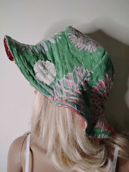 Kantha Sun Hat Mint Green Tropical Print M-L Reversible Handmade Beach KS18. main image 6